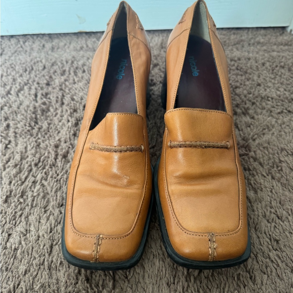 Nicole Brown Tan Pumps Retro Vintage Block Heel Loafer Leather 9 - Picture 2 of 9